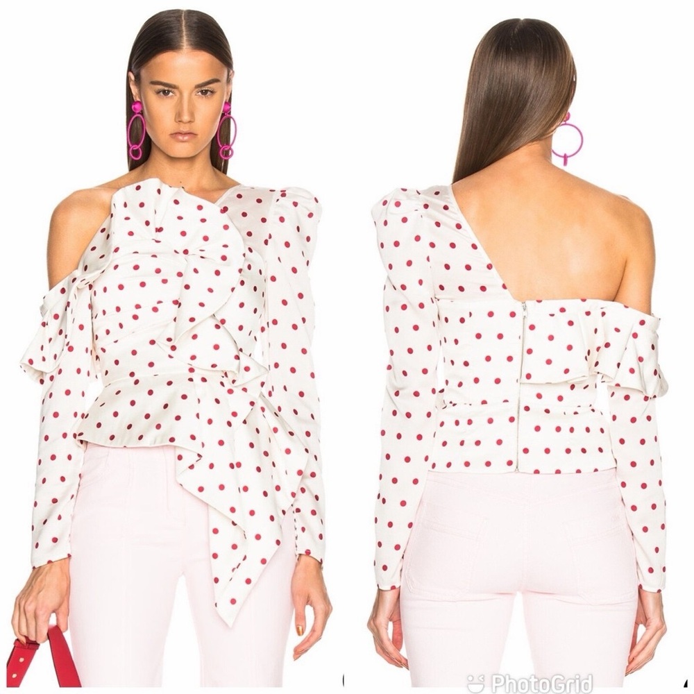 Self-Portrait White and Red Polka Dot Asymmetrical Blouse